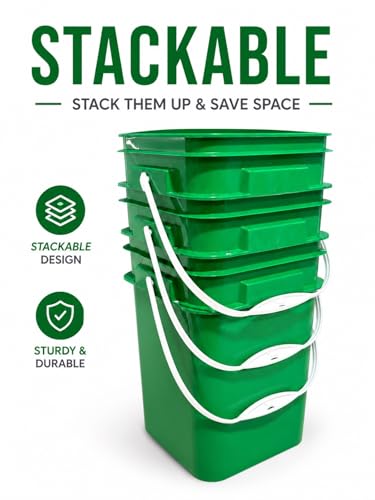 House Naturals 4 Gallon Square Food Grade Bucket Pail with Plastic Handles and Lid (Pack of 3) Made in USA containers (Green) - color: Green