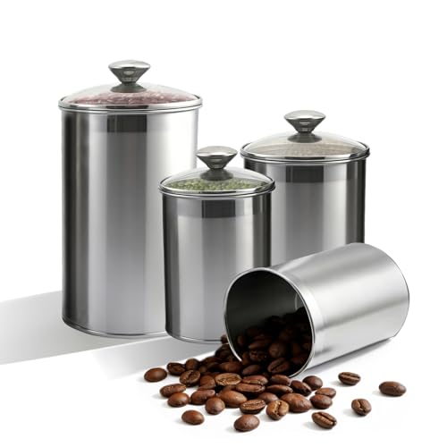Stainless Steel Food Canister Set 4-Piece, Airtight Kitchen Storage Containers with Lids, Metal Canisters for Flour Sugar Coffee & Pantry Organization, Rustproof & Durable Countertop Jar Set