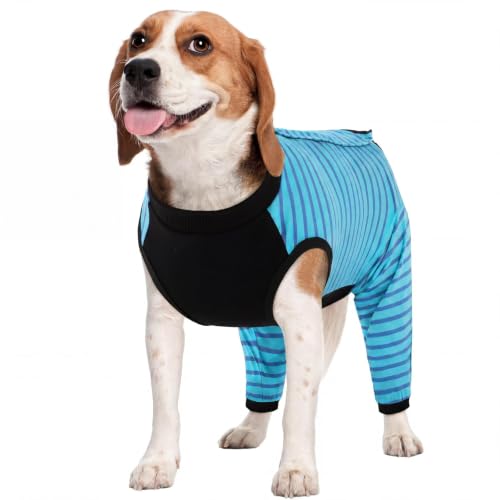 Kuoser Dog Recovery Suit with Anti Licking Rear Leg Sleeve, Blue M - color: Blue Strips, size: Medium (Back Length: 34cm / 13.38")