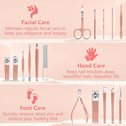 Manicure Set 16Pcs Professional Stainless Steel Pedicure Kit Mens Grooming Kit Fingernail & Toenail Clippers Set Manicure Kit with Luxurious Travel Bag, Sharp Nail Scissors and Clipper (Pink) - color: 16Pcs-Pink