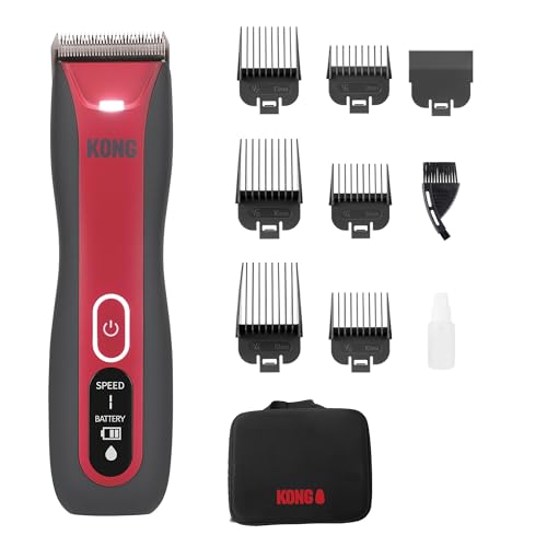 Kong 3-Speed Cordless-Corded Dog Clipper Kit – Stainless Steel Blade, Waterproof, LED Spotlight, Use-While-Charging, 6 Guide Combs, Ergonomic Handle – Red/Gray, All Coat Types - style: 3-Speed Cordless Kit