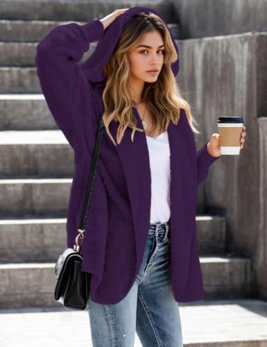 Zilcremo Women Hooded Cardigan Open Front Fuzzy Jacket - color: Purple, size: Medium