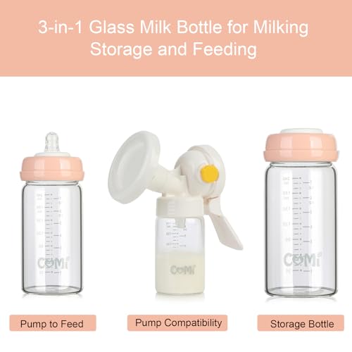 COMI Wide Neck Glass Breastmilk Collection n Storage Bottle, 8oz with Screw Ring Sealing Disk; Re-markable Sealing Disc. BPA Free, Fits Breast Pumps & Nipples (2 Pink Lids) - style: 240ml 2PINK