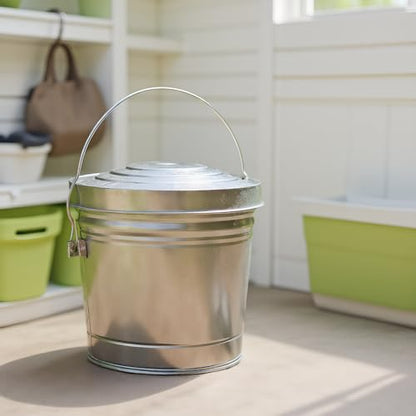 6-Gallon Galvanized Steel Storage Can with Lid, Heavy-Duty Metal Trash Can for Outdoor, Indoor Use, Pet Food Container, Bird Seed Storage, Ash Bucket, Rodent Proof, Ideal for Garage, Garden, Patio