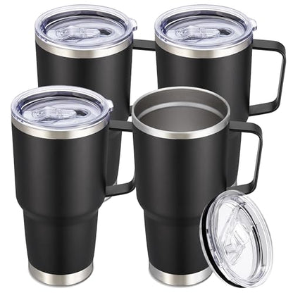 30 oz Stainless Steel Tumblers Bulk with Handle and Lid, 4 Pack - color: Black