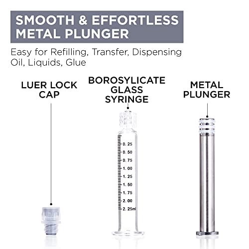 2.25ML Borosilicate Glass Syringe with Silver Metal Plunger | 10 Pack | Anti-Leak Luer Lock Syringe without Needle | Accurate Measuring for Liquid, Glue, Oil w/ Borosilicate Glass Tube