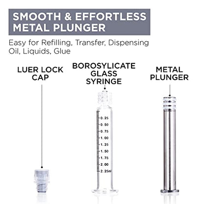 2.25ML Borosilicate Glass Syringe with Silver Metal Plunger | 10 Pack | Anti-Leak Luer Lock Syringe without Needle | Accurate Measuring for Liquid, Glue, Oil w/ Borosilicate Glass Tube