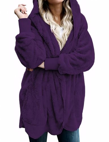 Zilcremo Women Hooded Cardigan Open Front Fuzzy Jacket - color: Purple, size: Medium