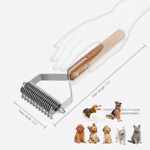 2-Sided Undercoat Rake for Dogs and Cats, Wooden Handle