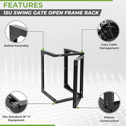 NavePoint 15U Server Rack with Swing Gate - Wall Mount Rack for 19 Inch IT Equipment Open Frame Rack – Network Rack Wall Mount for AV & Server Equipment 24” Deep 19" Rack, Black - size: 15U - 24in Deep
