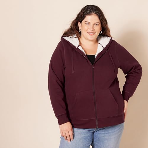 Amazon Essentials Women's Sherpa-Lined Fleece Full-Zip Hooded Jacket with Drawstring (Available in Plus Size) - color: Burgundy, size: Large