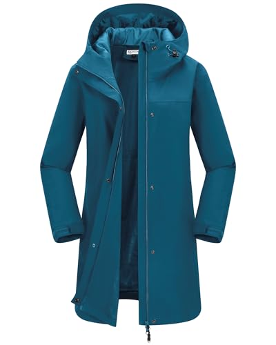 33,000ft Women's Waterproof Rain Jackets Long Rain Coats with Hood - color: Ceramic Blue, size: Medium