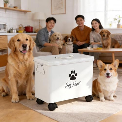 Dog Food Container 13lb, Cute Airtight Pet Food Storage Containers with Metal Lid Scoop, Black Metal Storage Bin for Dog/Cat with Wheels,Easy to Move White - color: White-L