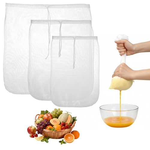 3Pcs Nut Milk Bag Reusable 80 Mesh Fine Nylon Juice Strainer Mesh Cheese Cloth Bag with Drawstring for Coffee,Yogurt,Soup,Purees,Juice(3Sizes)