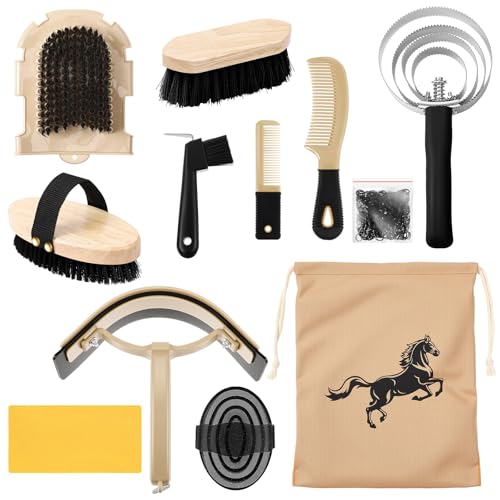 Abbylike 12 Pieces Horse Grooming Kit Equine Care Brushes, Black - color: Black