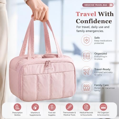 Travel Medicine Storage Bag with 2 Compartments, Wide-Mouth Medical Organizer, Puffy Lightweight First Aid Bag for Prescription Bottles, Pill Cases, Medical Supplies & Family Emergency Essentials - color: Pink