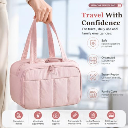 Travel Medicine Storage Bag with 2 Compartments, Wide-Mouth Medical Organizer, Puffy Lightweight First Aid Bag for Prescription Bottles, Pill Cases, Medical Supplies & Family Emergency Essentials - color: Pink