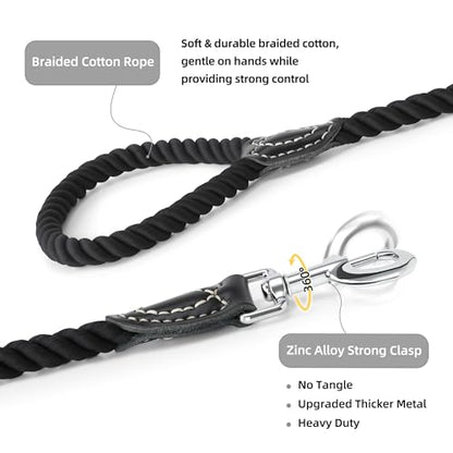 Mile High Life Dog Leash Braided Cotton Rope with Leather-Reinforced Ends - color: Black, size: 48 Inch-1/2"
