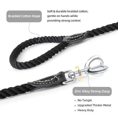 Mile High Life Dog Leash Braided Cotton Rope with Leather-Reinforced Ends - color: Black, size: 72 Inch-1/2"
