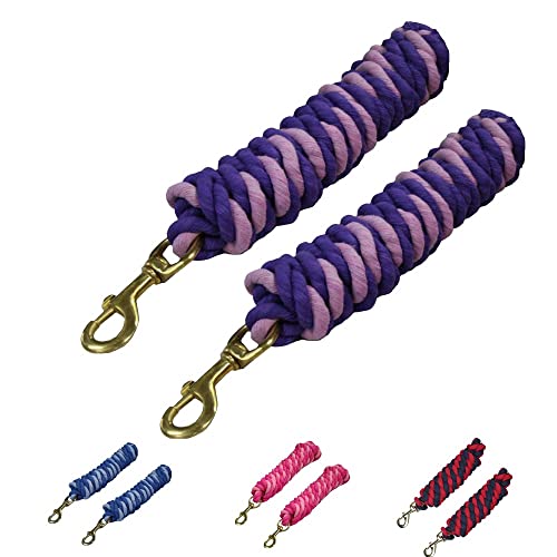 Derby Originals Pair of 2 10' Braided Cotton Lead Ropes with Brass Bolt Snap for Horses and Livestock - color: Light Purple/Dark Purple