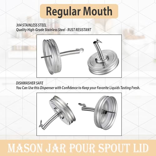 Mason Jar Pour Spout Lid for Ball Regular Mouth Mason Jars - (2 Pack) - Suitable for any liquid - Stainless Steel Open Closed Dispenser Lid for Olive Oil, Vinegar, Syrup, Milk, and Salad Dressing
