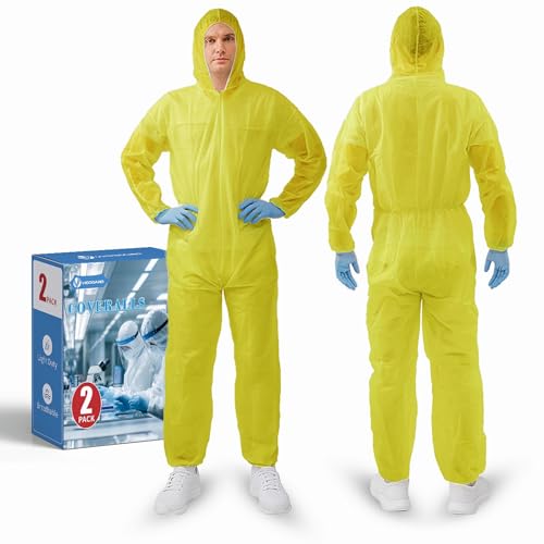 Hazmat Suits,10 Colors Options Disposable Protective Coveralls, Paint Suit with Elastic Wrists Ankles and Hood - color: 2pack Yellow, size: Large