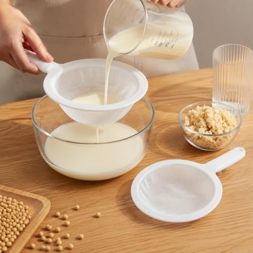 2 Pcs Fine Mesh Strainer for Juicing, 100 Mesh Nylon Mesh Strainer Plastic Sieve with Handle for Soy Milk Coffee Yogurt Juice Tea Leaf Filter Honey Baking Cooking Kitchen Essential Gadget Tool