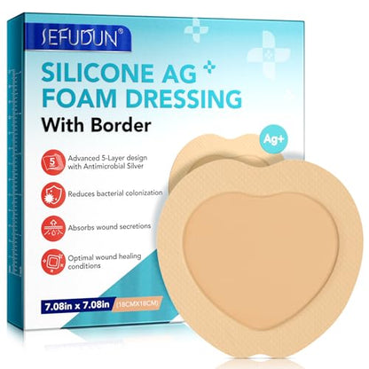 Silicone Foam Dressing Ag Sterile Wound Bandage with 7.08"x7.08" Waterproof Gentle Silicone Adhesive Border, Breathable Ultra Absorbent Pads (Pack of 5) - size: 7.08x7.08 Inch (Pack of 5)