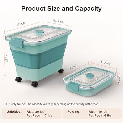 Rice Storage Container, Collapsible Airtight Food Storage Containers 20-30lbs with Clear Lid and Wheels, Rice Dispenser with Scoop for Flour Cereal Pasta Grain, Cat Pet Bird Dog Food Storage Container - size: 15-30 Lbs