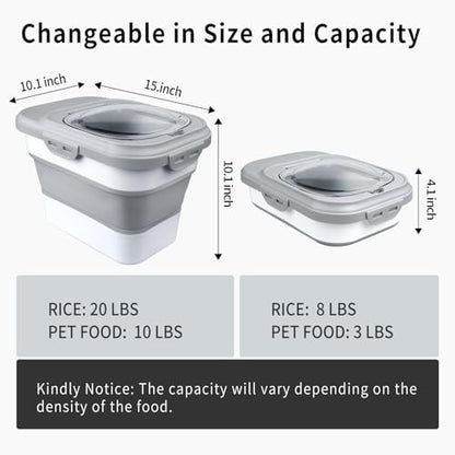 Komzon Rice Storage Container, Collapsible Airtight Food Storage Containers 6-20 Lbs, Rice Dispenser with Measuring Cup and Small Bin for Flour Cereal Pasta Grain, Cat Pet Dog Bird Food Container - size: 6-20 Lbs Gray
