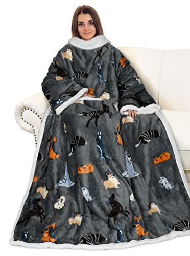 Catalonia Sherpa Wearable Blanket with Sleeves and Pocket for Adults - color: Dog Grey, size: Standard Pocket