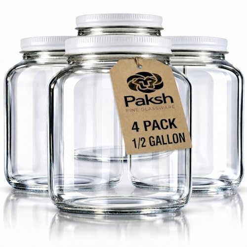 Paksh Novelty 64 oz Mason Jar, Half Gallon Jar, Wide Mouth, Clear, 4 Pack | Half gallon mason jar, airtight metal lid, 4 in wide mouth, USA-made soda-lime glass, canning, fermenting, dry food storage