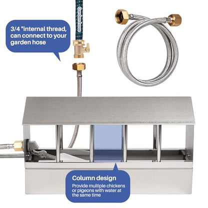 Automatic Chicken Waterer Stainless Steel Large Metal Chicken Waterer System Poultry Waterer Dispenser with Float Valve Kit Hose Accessories for Pigeon, Duck, Goose