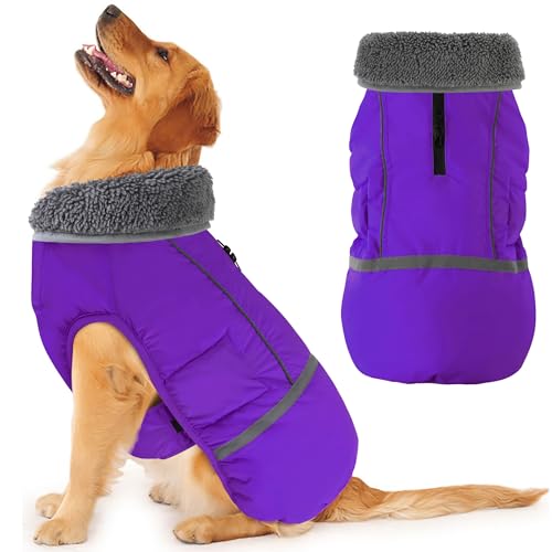 Dogcheer Warm Dog Coat, Christmas Dog Jacket Waterproof Puppy Winter Coat with Buckles, Reflective Adjustable Pet Snow Jacket Turtleneck Fleece Sweater for Small Medium Large Dogs - Purple, M - color: Purple, size: Medium