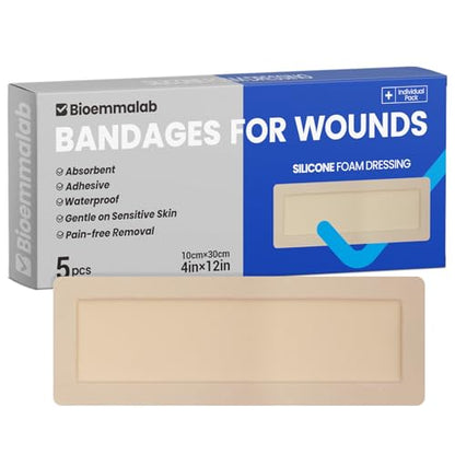 Large Waterproof Bandages 4X12 Silicone Foam Dressing Sensitive Skin, 5 PCS - style: 4"x12"(5PCS)