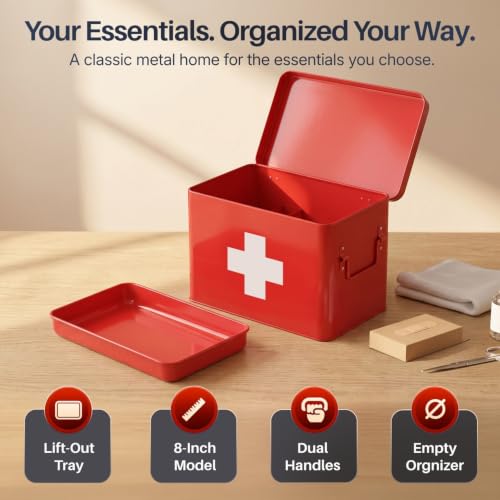 Flexzion Large Metal First Aid Box Empty, 8.5-Inch, Red with White Cross - color: Red, size: 8.5 Inch without Latch Lock