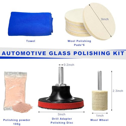 Glass Polishing Kit, Car Windshield Scratch Remover Polish Pads Kit with 100g Cerium Oxide Powder, Universal Wool Polishing Wheel Set for Auto Glass Window Windscreen