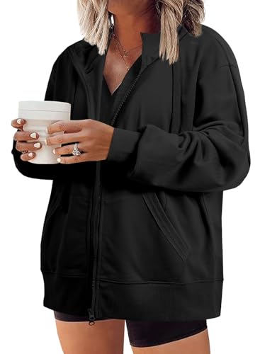 Eytino Women Plus Size Zip Up Hoodie Long Sleeve Oversized Sweatshirts - color: Black, size: 2X