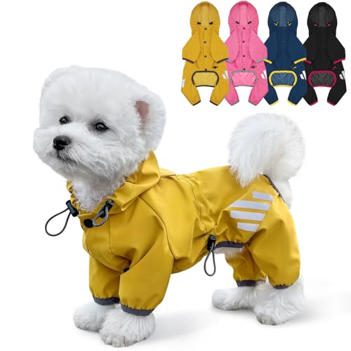 Dog Raincoat, Waterproof Dog Rain Jacket with Hood, Dog Rain Coat with Leash Hole, Reflective Strap for Small Medium Dogs, Lightweight Puppy Clothes(Yellow,M) - color: Yellow, size: M(Back Length13.4'')