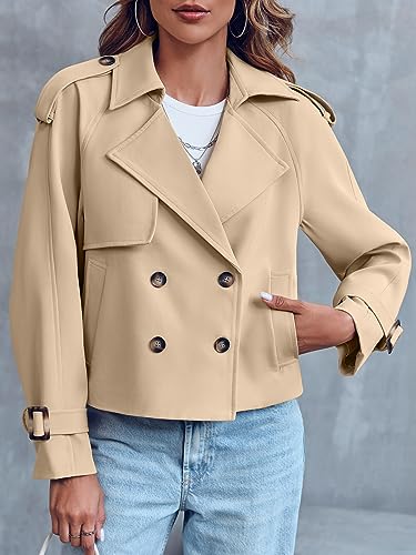 Saodimallsu Women Crop Double Breasted Trench Coat Short Cropped Jacket - color: Beige, size: Small