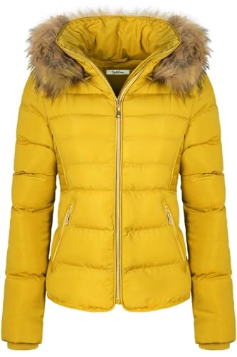 BodiLove Women's Fur Hooded Thickened Jacket with Fleece Lining - color: Sunflower, size: Small