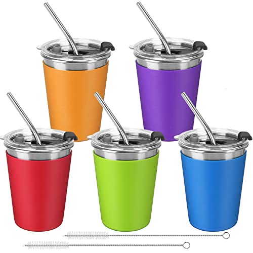 ShineMe Stainless Steel Kids Cups, 5pack with Spill Proof Lids, Straws & Silicone Sleeves, 12oz, BPA Free, Insulated, for Cold & Hot Drinks - color: green, blue,purple, red,orange
