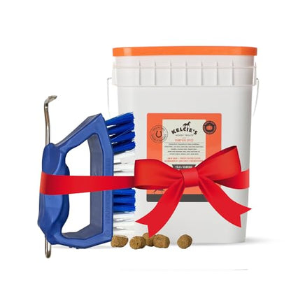 Kelcie’s Horse Care Essentials Bundle - Pumpkin Spice Horse Treats (15 lb) with Bucket + Hoof Pick Brush Grooming Tool | Healthy Treats & Easy Hoof Cleaning