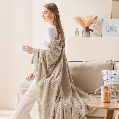 EMME Fleece Blanket Twin Size Luxury Flannel for Couch Bed Sofa Chair, Soft, Plush, Warm and Cozy Blanket with Geometric Grid Design (Beige, 60'' x 80'') - color: 01-grid-beige, size: Twin