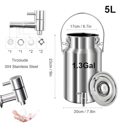 304 Stainless Steel Milk Can with Spigot 5L/1.3 Gal Milk Can Drink Dispenser with Sealed Lid & Handle, for Iced Tea, Water, Milk, Wine, Juice, Home Kitchen, Cafes, Restaurants - size: 169.1 Ounces