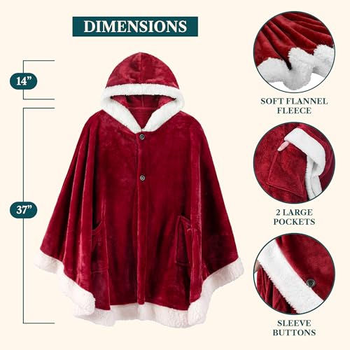PAVILIA Hooded Blanket Poncho for Women, Fleece Wearable Shawl Wrap, Red | Fleece Shawl Wrap with Hood, Adult Wearable Blanket, Cozy Warm Poncho Cape Throw with Pockets, Gift for Elderly Mom - color: Wine