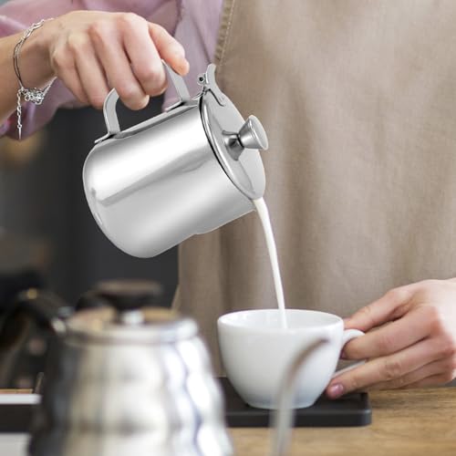 QWORK Stainless Steel Coffee Mug Milk Frothing Pitcher with Lid, 350ML, Dripless Spout, Ergonomic Handle, For Latte Coffee Art, Office and Kitchen, 2 Pcs