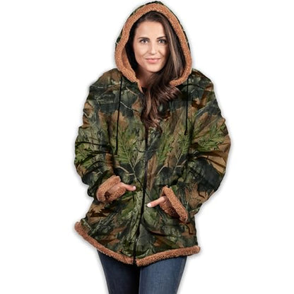 TrailCrest Women's Plush Sherpa Lined Hooded Plaid Zip-Up Jacket - color: Camo, size: Medium