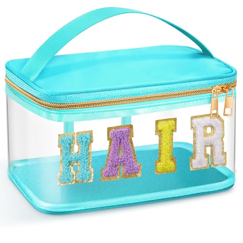 Geetery Chenille Clear Makeup Bag, Green Hair Bag Cosmetic Case Nylon Makeup Portable Preppy Patch with Handle Zipper Toiletry Storage Case Waterproof Pink Hair Patch for Women - color: Green, style: Hair