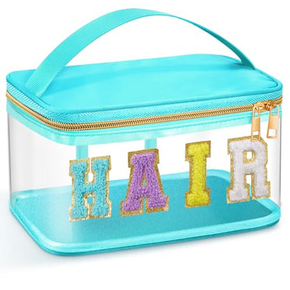 Geetery Chenille Clear Makeup Bag, Green Hair Bag Cosmetic Case Nylon Makeup Portable Preppy Patch with Handle Zipper Toiletry Storage Case Waterproof Pink Hair Patch for Women - color: Green, style: Hair